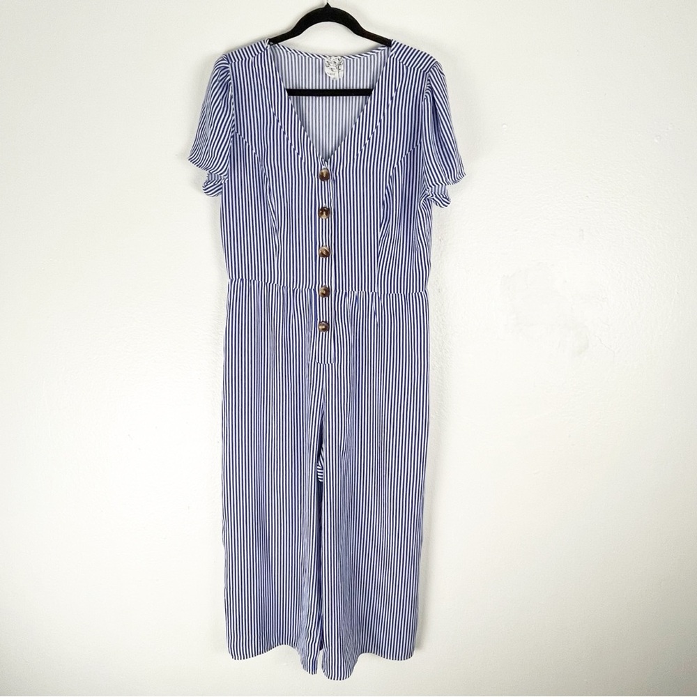 NAÏF Blue White Striped Short Sleeves V-Neck Wide Leg Jumpsuit, Size Large